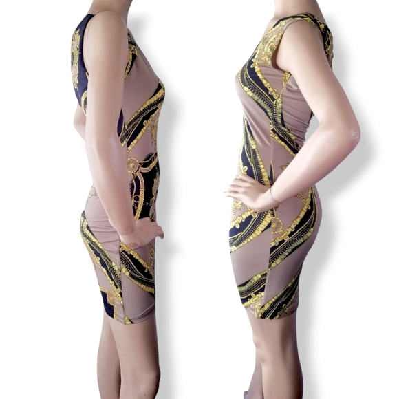Versace Inspired Black, Beige & Gold Bodycon Dress by Pink Polkadot Size Small - Picture 4 of 8
